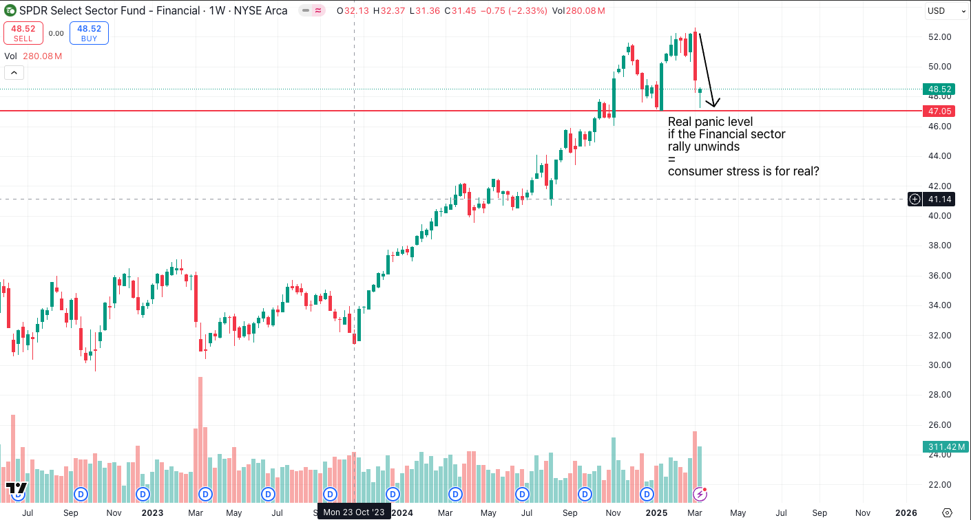 Weekly XLF financial sector chart showing strong uptrend but highlighting 47.05 as a key panic support level where a breakdown could signal broader consumer stress.