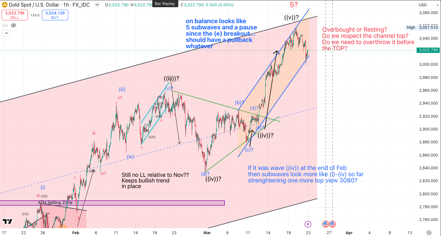 Gold hourly chart showing strong breakout within rising channel, consolidating near record highs with annotations questioning overbought conditions versus a pause before another push higher.