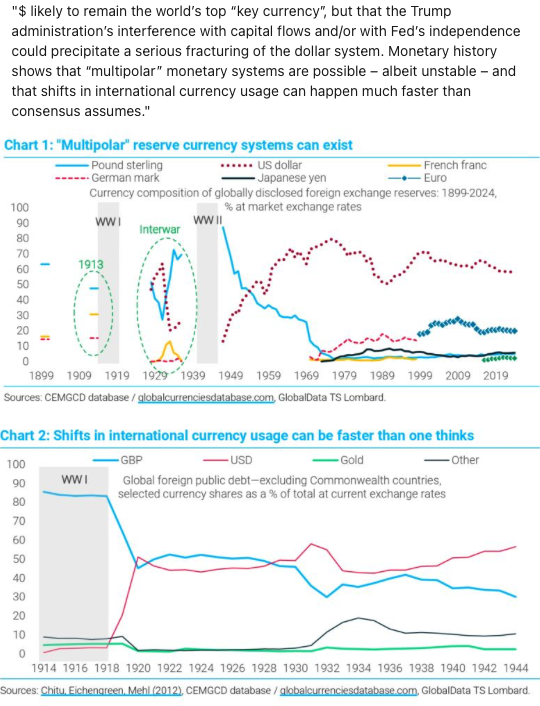 Two charts illustrate that multipolar reserve currency systems have existed historically and that shifts in global currency usage can happen rapidly, supporting concerns about potential long-term changes to dollar dominance.