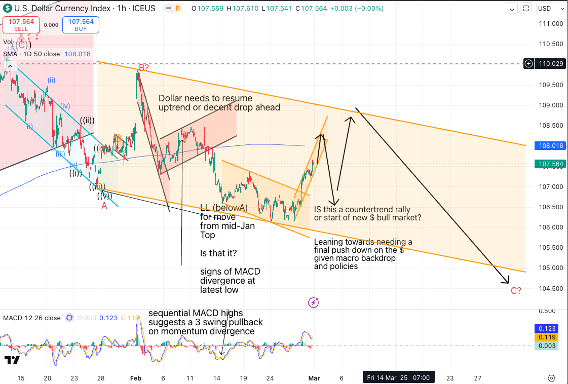 Annotated U.S. Dollar Index chart showing corrective channel structure, Elliott Wave analysis, MACD divergence, and scenarios for either a countertrend rally or renewed downside toward lower support.