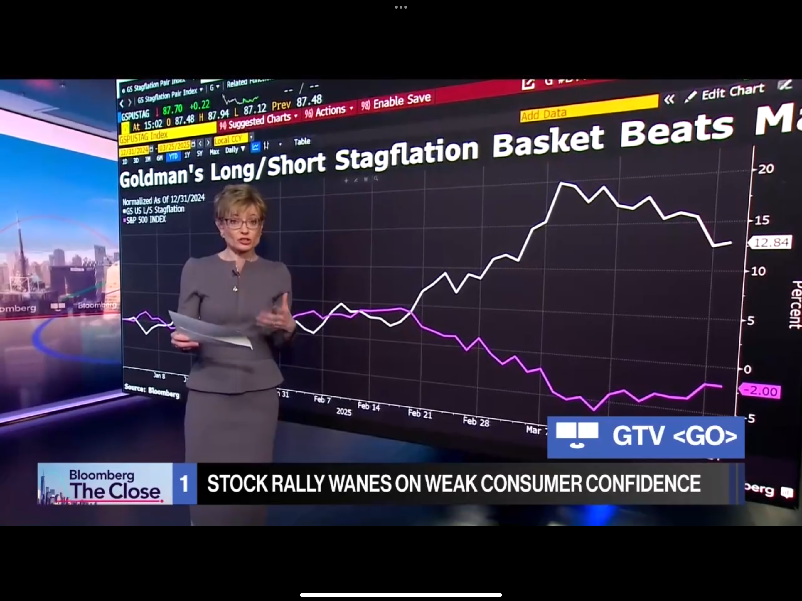 Bloomberg chart showing Goldman’s long/short stagflation basket outperforming while the S&P 500 lags, highlighting investor rotation toward stagflation trades.